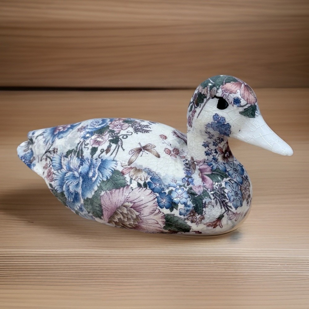 Vintage Floral Chintz Duck Figurine Decoupage Mallard Decoy Blue Pink Botanical